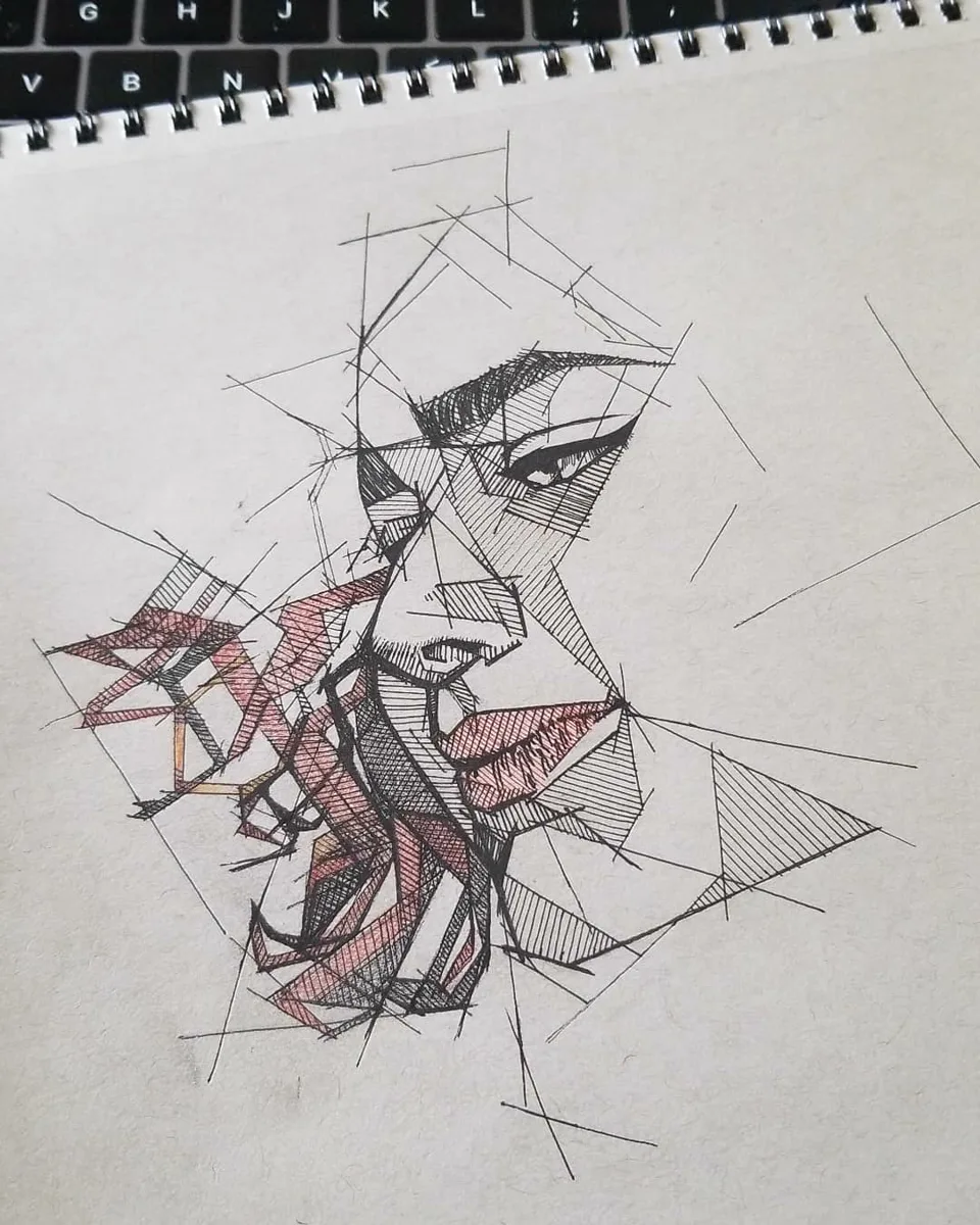Angular ink portrait of a woman built from geometric construction lines, with red and orange accents