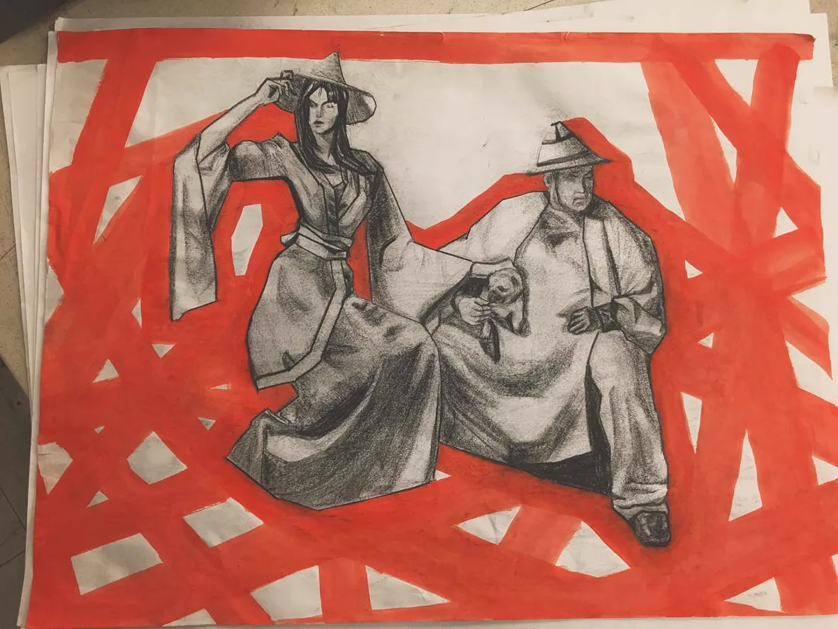 Charcoal drawing of two robed figures and a dog, framed by bold red brushstrokes