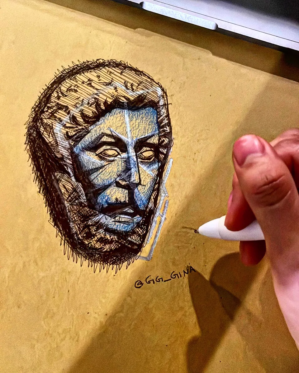 Ballpoint and colored pencil study of a classical statue head, drawn on toned paper